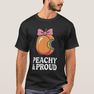 Gebissene Cartoon-Pfirsich mit saftiger Regenbogen T-Shirt