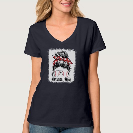 Gebleicht Baseball Mama Messy Bun Game Day Mutter T-Shirt (Vorderseite)