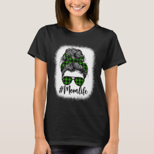 gebleicht Messy Bun Mama Life Kariert Green Print T-Shirt