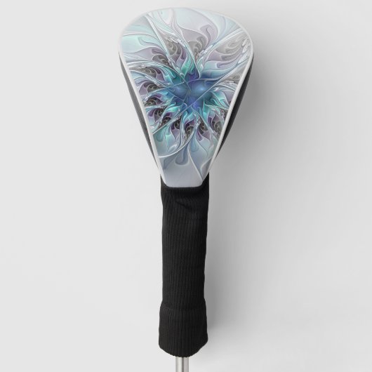 Geblüht, Abstrakte Moderne Blaue Blume Fraktal Kun Golf Headcover (Vorderseite)