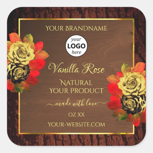 Geblüht Rose Produktkennzeichnung Dunkelbraunes Ho Quadratischer Aufkleber (Vorderseite)