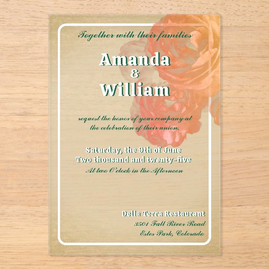 Geblüht zeitlose romantische Hochzeit Acryleinladungen (Vorderseite)