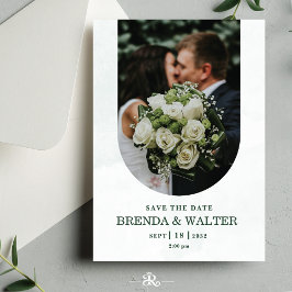 Gebogene Grünpflanzen Weiße Rose Foto Hochzeit Einladung