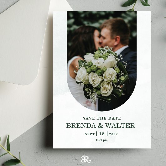 Gebogene Grünpflanzen Weiße Rose Foto Hochzeit Einladung