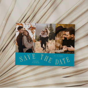 Gebogene Typografie Mehrfachfoto Aqua Blau Save The Date