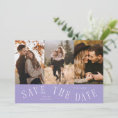 Gebogene Typografie Multi-Foto Lila Save The Date (Stehend Vorderseite)