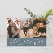 Gebogene Typografie Multi-Foto Schieferblau Save The Date (Stehend Vorderseite)