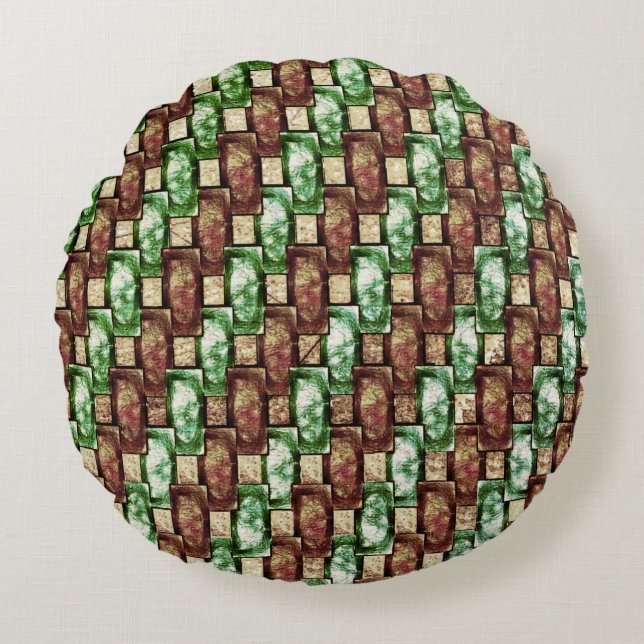 Gebogene und grün-braune rechteckige Stücke Rundes Kissen (Vorderseite)