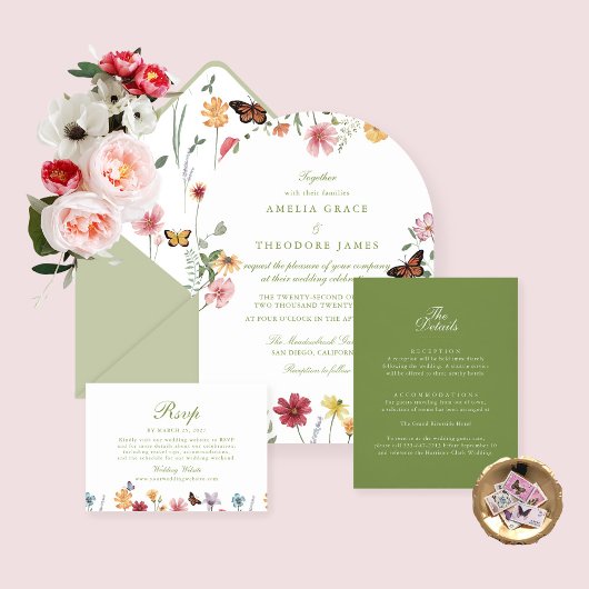 Gebogene Wildblumen-Hochzeit Einladung