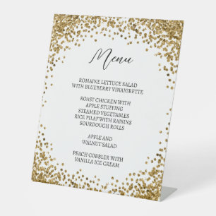 Gebogenes goldenes Glitter weißes Menü Sockelschild