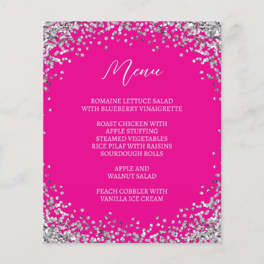 Gebogenes silbernes Glitter Hot Pink Menü (Vorderseite)