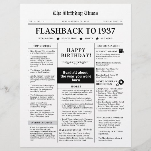 Geboren 1937 Fun Newspaper schwarz weiß (Vorderseite)