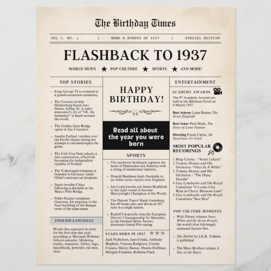 Geboren 1937 Mock Newspaper sepia (Vorderseite)