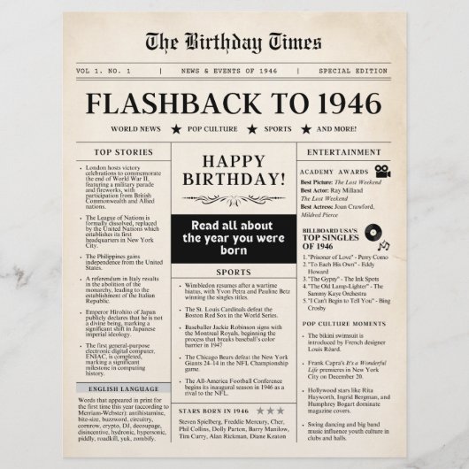 Geboren 1946 Mock Newspaper sepia (Vorderseite)