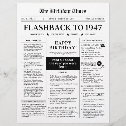 Geboren 1947 Mock Newspaper Schwarzweiß (Vorderseite)