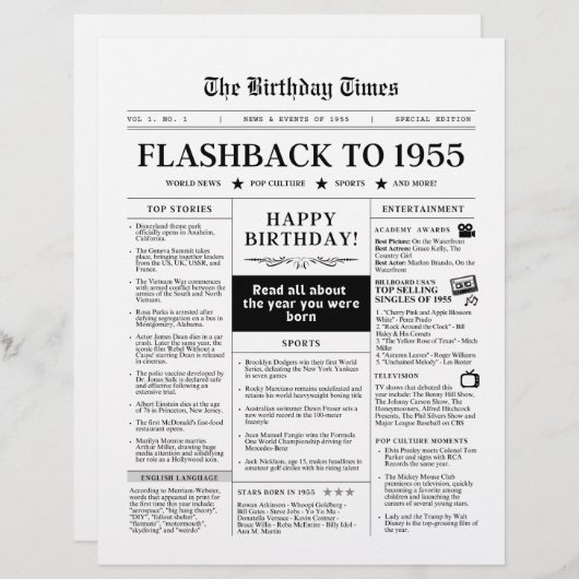 Geboren 1955 Schwarz-Weiß-Mock-Zeitung (Vorne/Hinten)