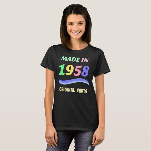 Geboren 1958, farbenfrohe Textgestaltung T-Shirt (Vorne ganz)
