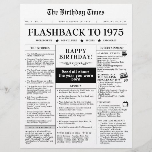 Geboren 1975 Schwarz-Weiß-Mock-Zeitung (Vorderseite)