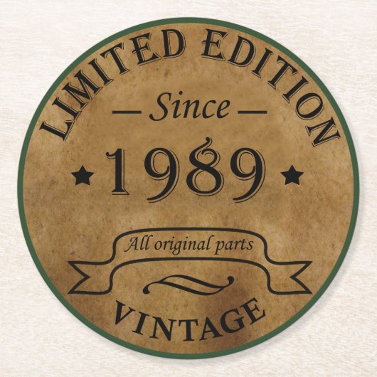 geboren 1989 Vintager Geburtstag Runder Pappuntersetzer (Vorderseite)