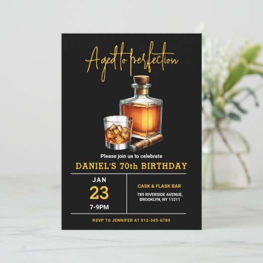 Geboren bis Perfection Whisky Zigarre 70. Geburtst Einladung (Stehend Vorderseite)