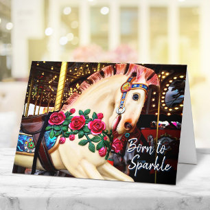Geboren für Sparkle Carousel Horse Foto Kalligraph Karte