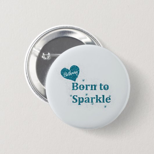Geboren, mit blauem Türkis-Herzen zu funkeln, Name Button (Vorne & Hinten)