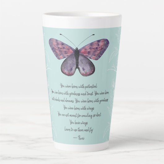 Geboren mit Wings Rumi Zitat Butterfly Milchtasse (Vorderseite)