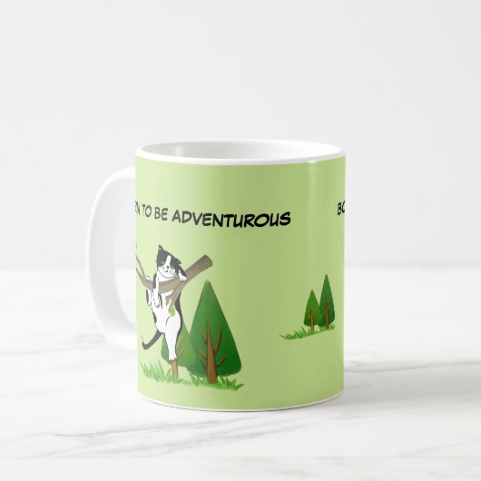 Geboren, um abenteuerlich zu sein, Tuxedo Katze Kaffeetasse (Vorderseite Links)