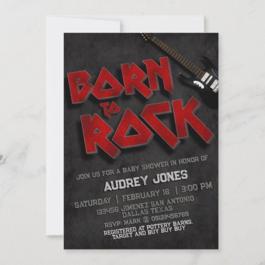 Geboren zu Rock - Babydusche Einladung (Vorderseite)