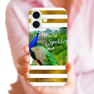 Geboren zu Sparkle Chic Peacock Gold Weiße Streife iPhone 16 Hülle