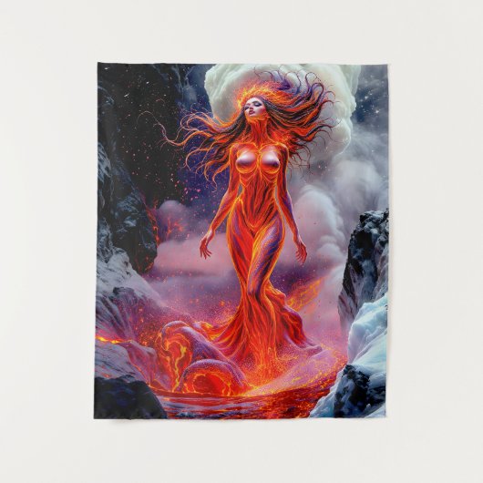 "Geborene des Inferno" - Vulkanweibchen-Portrait Wandteppich (Vorderseite)
