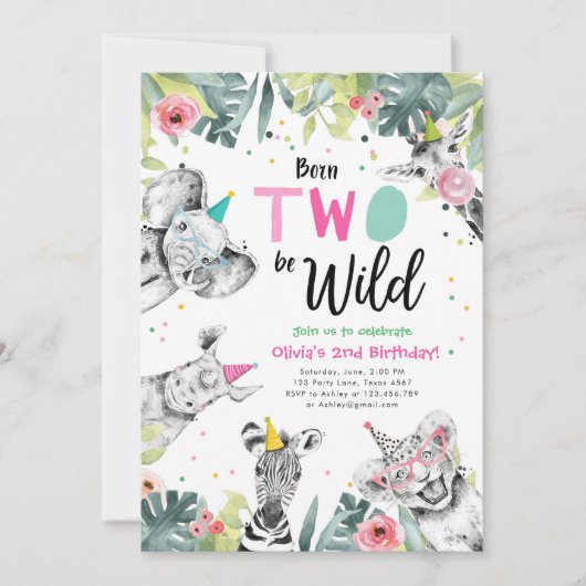 Geborenen "Two Be Wild Safari" Party Tiere Geburts Einladung (Vorderseite)