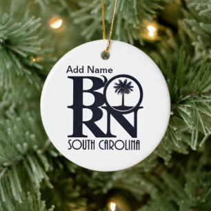 GEBORENER South Carolina-Zoll (blauer Text) Keramik Ornament