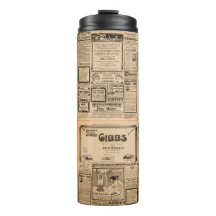 Gebrauchte Papierhintergrund. Alte Zeitungsseite m Thermosbecher