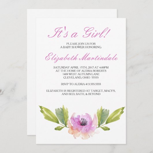 Gebürste Blüten| Watercolor Babydusche Einladung (Vorne/Hinten)