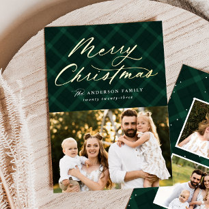 Gebürstet grün kariert Frohe Weihnachten 3 Foto Folien Feiertagskarte