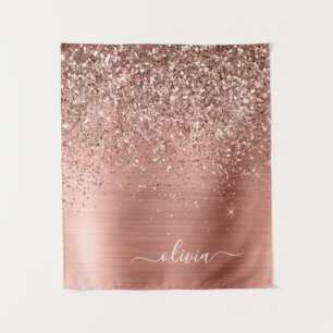 Gebürstetes Metall Roségold Rosa Glitter Monogramm Wandteppich