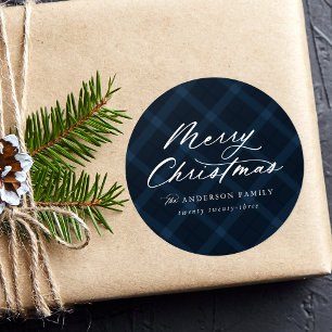 Gebürstetes Navy Karo Frohe Weihnachten Runder Aufkleber