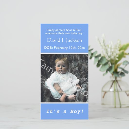 Geburt blauer Ankündigung. Fügen Sie Ihrem Foto hi Ankündigung (Stehend Vorderseite)