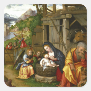 Geburt Christis-und Kinderengel c1515 Quadratischer Aufkleber