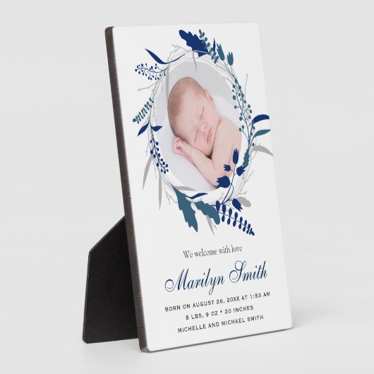 Geburt des Fotos von Navy Blue Floral Wreath Fotoplatte (Seite)