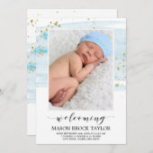 Geburt des Fotos Watercolor Blue & Gold Ankündigun Ankündigung (Vorne/Hinten)