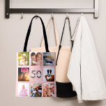 Geburt Foto Collage Frau Rose Gold Rosa Tasche<br><div class="desc">Ein einzigartiges Geschenk für den 50. Geburtstag einer Frau (oder eines beliebigen Alters), das ihr Leben mit einer Collage von 8 eigenen Fotos, Bildern feiert. Personalisieren und fügen Sie ihren Namen, Alter 50 und ein Datum. Eine schicke, leichte Rose Gold, rot-rosa Hintergrund. Graue und weiße Buchstaben und Zahlen. Der Name...</div>