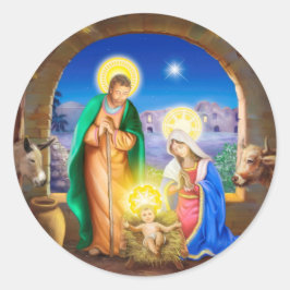 Geburt Jesu mit Josef und Maria, Kühe, Esel Runder Aufkleber