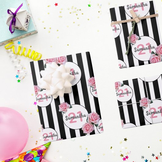 Geburt Schwarz-weiße Streifen rosa Blumenbezeichnu Geschenkpapier Set