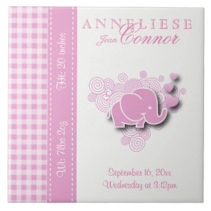 Geburts-Informations-- rosa u. weißer Baby-Elefan Fliese