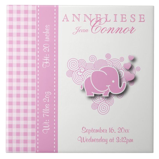 Geburts-Informations-- rosa u. weißer Baby-Elefant Fliese (Vorderseite)