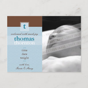 GEBURTS-MITTEILUNG:: monogram1 - Junge Ankündigungspostkarte