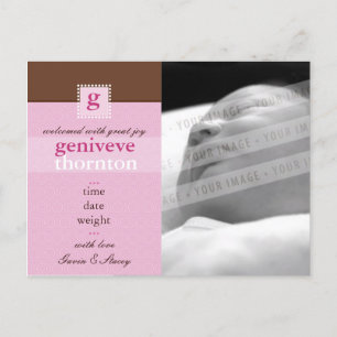 GEBURTS-MITTEILUNG:: monogram1 - Mädchen Ankündigungspostkarte