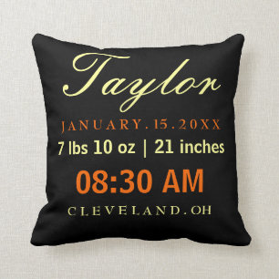 Geburts-Notfall-Typografie-Schwarz-Gelb u. Orange Kissen